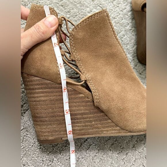 Lucky Brand Carmel Brown Suede Peep Toe Wedge Booties - Picture 12 of 12